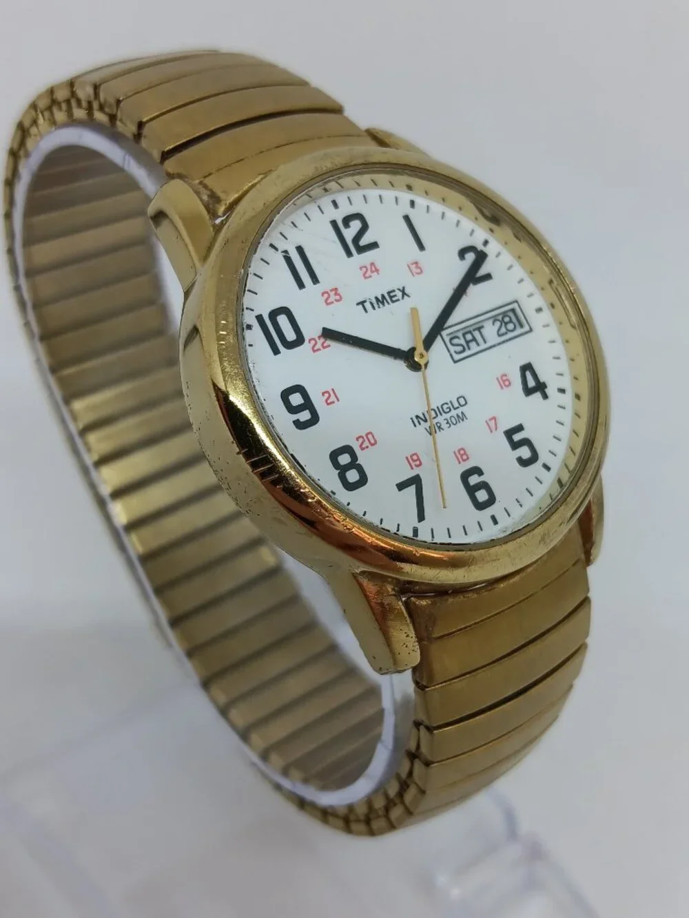 Timex Indiglo 14 Unisex 35mm Gold Tone Easy Reader Date Flex Band Watch NEW BATT - Picture 4 of 11